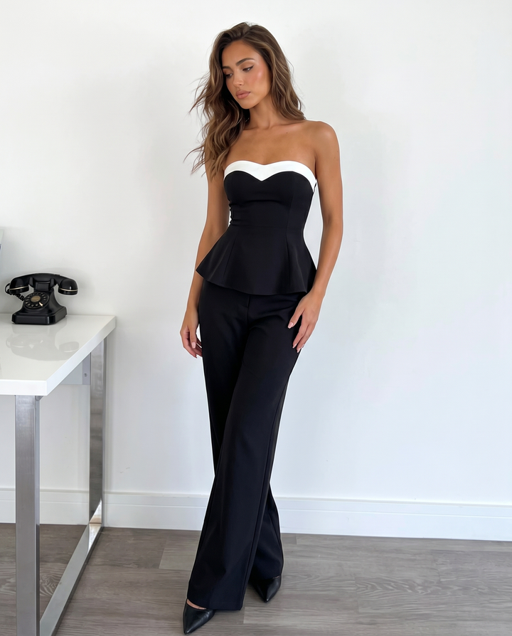 SOLACEBlack White Contrast Sweetheart Strapless Two Piece Set