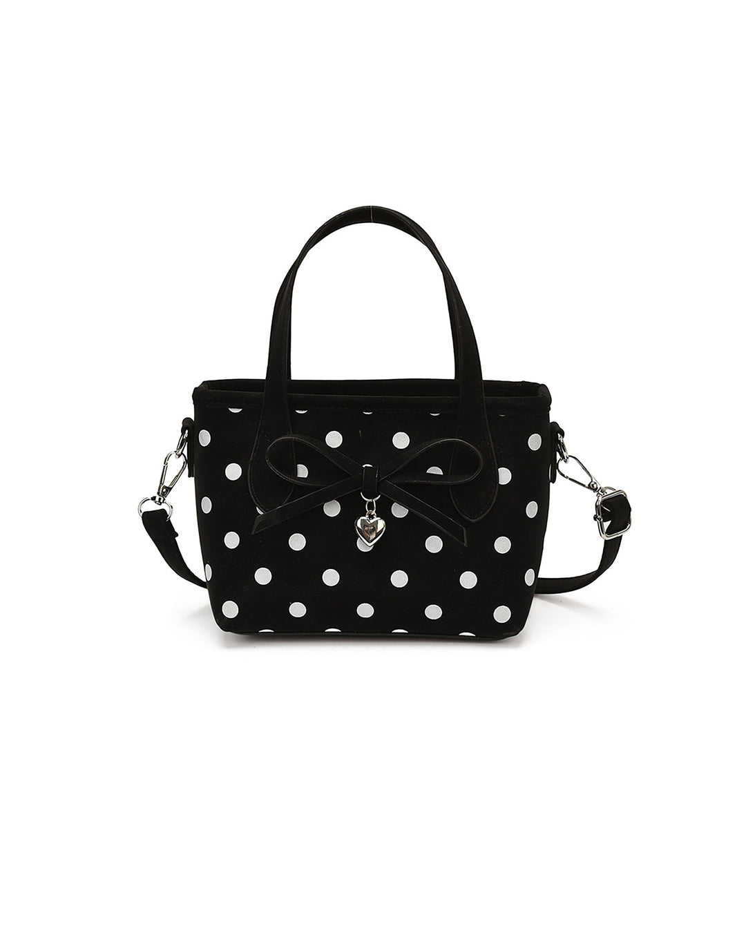 SOLACEBlack White Polka Dot Bow Heart Charm Mini Tote Crossbody Handbag