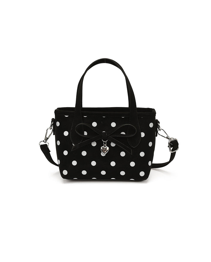 SOLACEBlack White Polka Dot Bow Heart Charm Mini Tote Crossbody Handbag