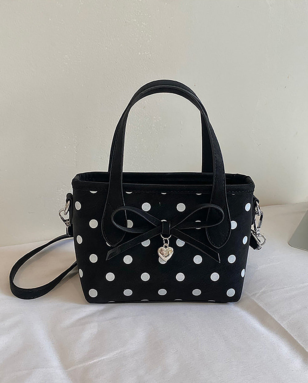 SOLACEBlack White Polka Dot Bow Heart Charm Mini Tote Crossbody Handbag