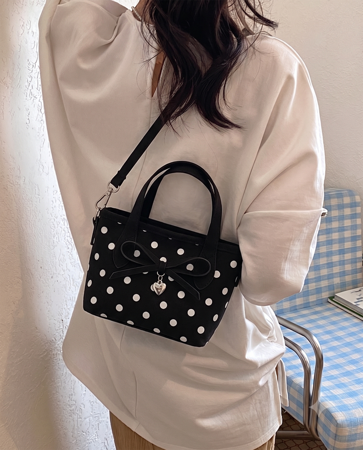 SOLACEBlack White Polka Dot Bow Heart Charm Mini Tote Crossbody Handbag
