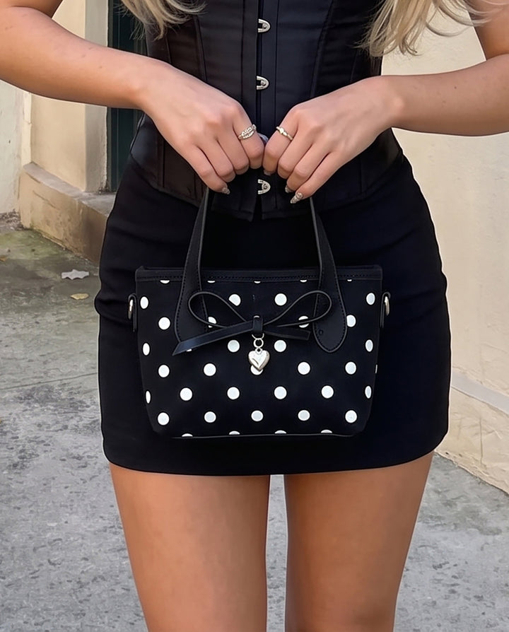 SOLACEBlack White Polka Dot Bow Heart Charm Mini Tote Crossbody Handbag