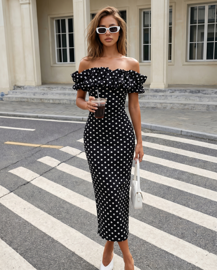SOLACEBlack White Polka Dot Off-Shoulder Ruffle Midi Dress