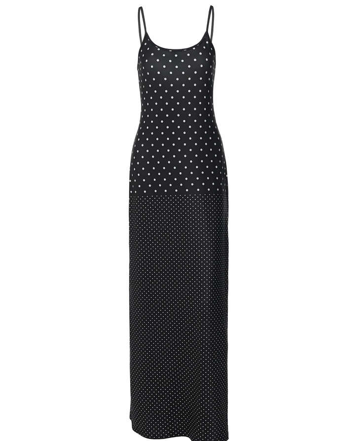 SOLACEBlack White Polka Dot Scoop Thin Strap Bodycon Maxi Dress