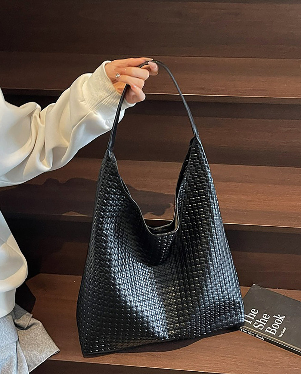 SOLACEBlack Woven Faux Leather Hobo Shoulder Tote Bag