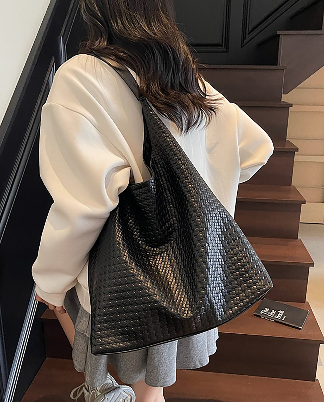 SOLACEBlack Woven Faux Leather Hobo Shoulder Tote Bag