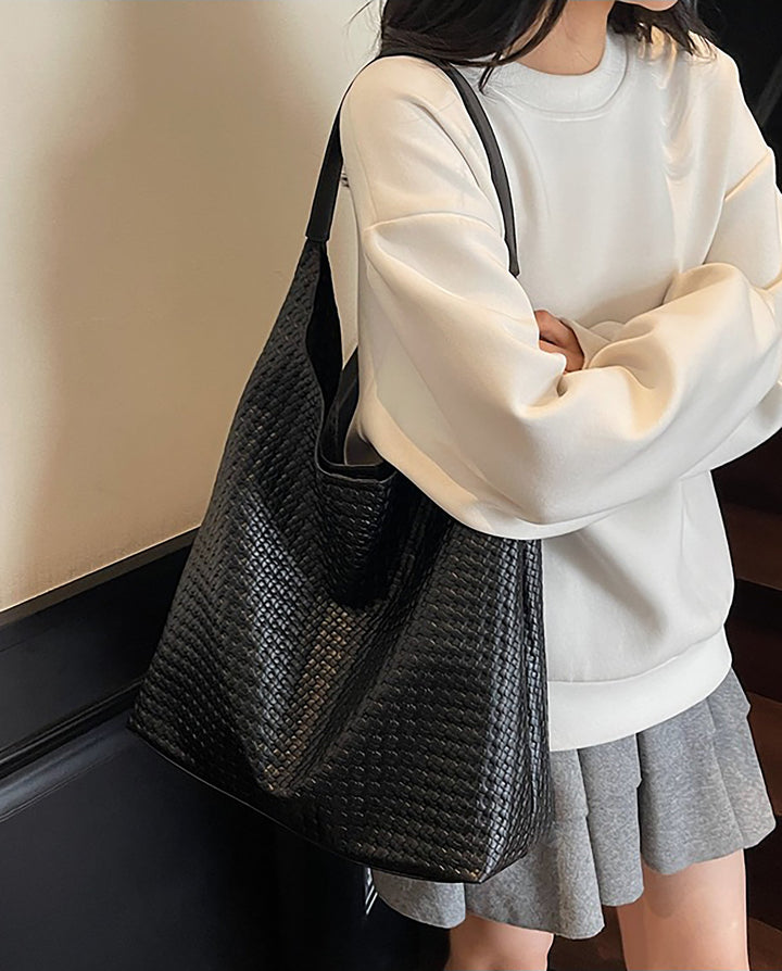 SOLACEBlack Woven Faux Leather Hobo Shoulder Tote Bag