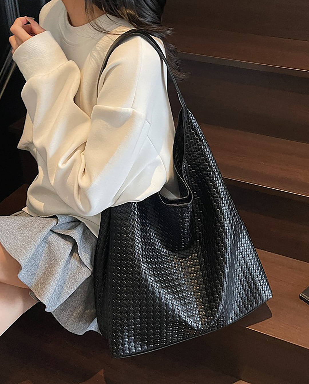 SOLACEBlack Woven Faux Leather Hobo Shoulder Tote Bag