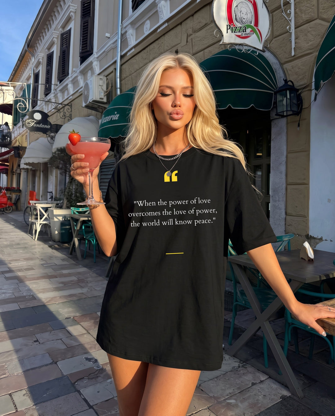 SOLACEBlack Yellow Quotation Mark Peace Quote Letter Oversized T-Shirt
