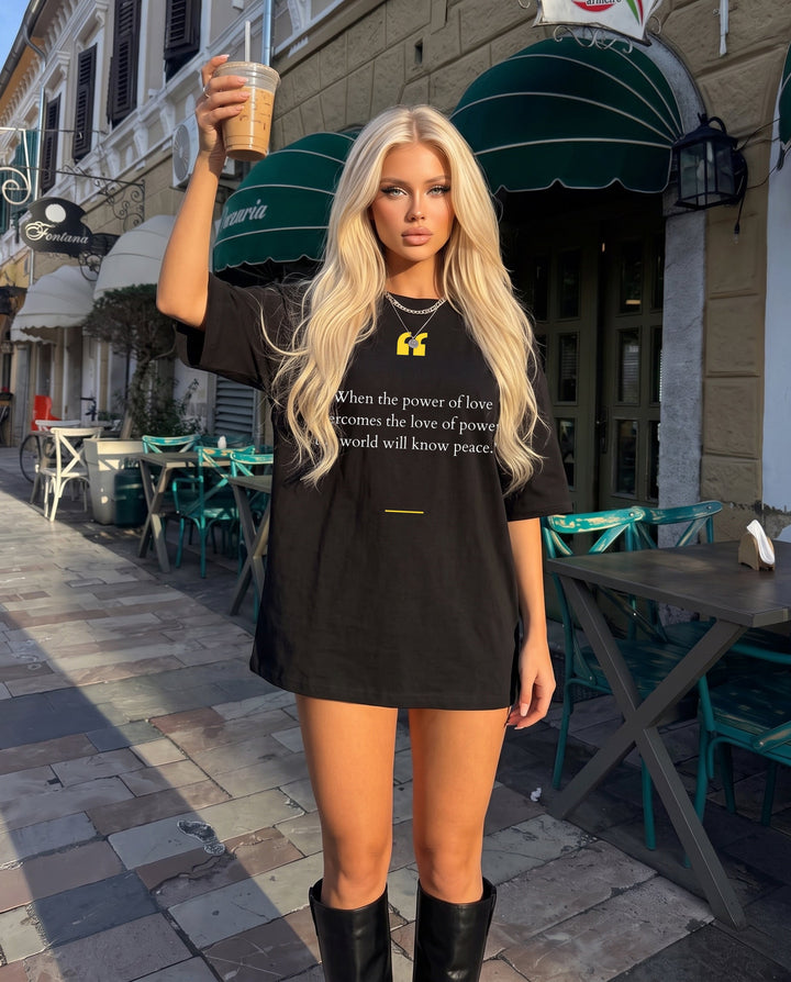 SOLACEBlack Yellow Quotation Mark Peace Quote Letter Oversized T-Shirt
