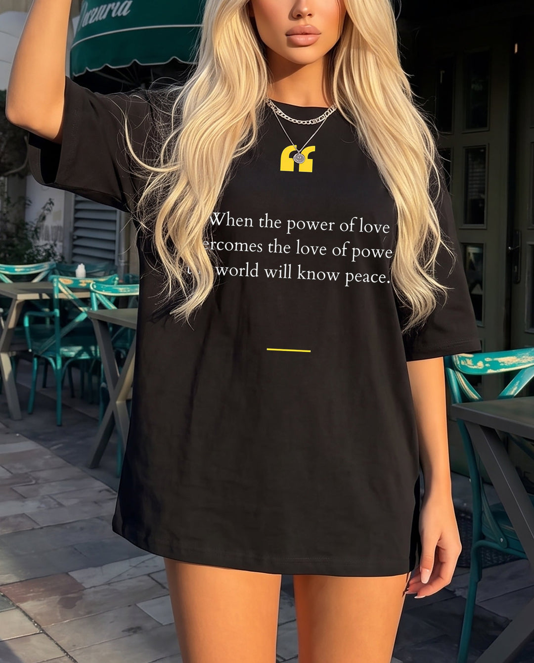 SOLACEBlack Yellow Quotation Mark Peace Quote Letter Oversized T-Shirt