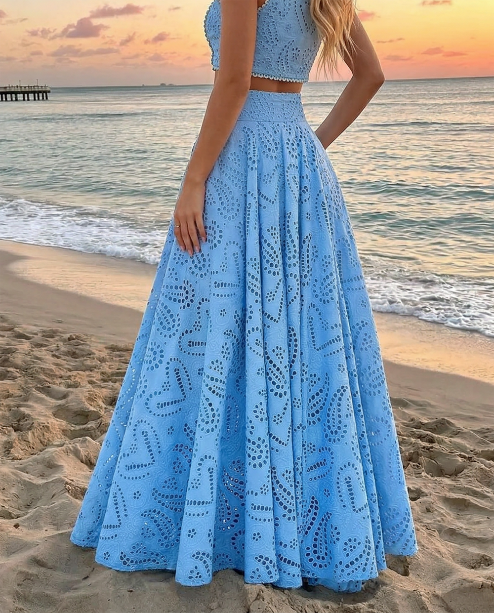 SOLACEBlue Eyelet Embroidery High Waist Maxi Skirt