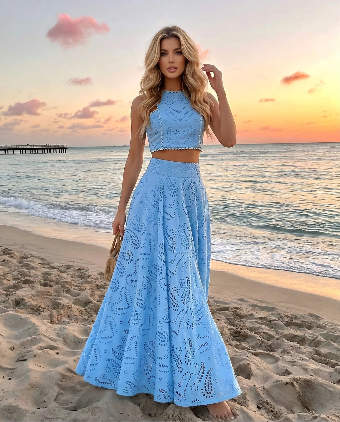 SOLACEBlue Eyelet Embroidery High Waist Maxi Skirt