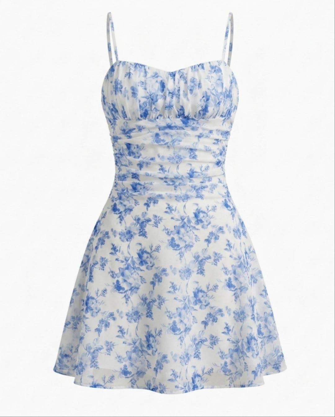 SOLACEBlue Floral Print Spaghetti Strap Ruched Mini Dress