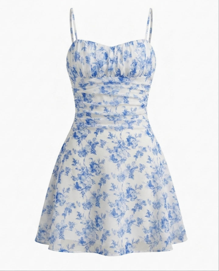 SOLACEBlue Floral Print Spaghetti Strap Ruched Mini Dress