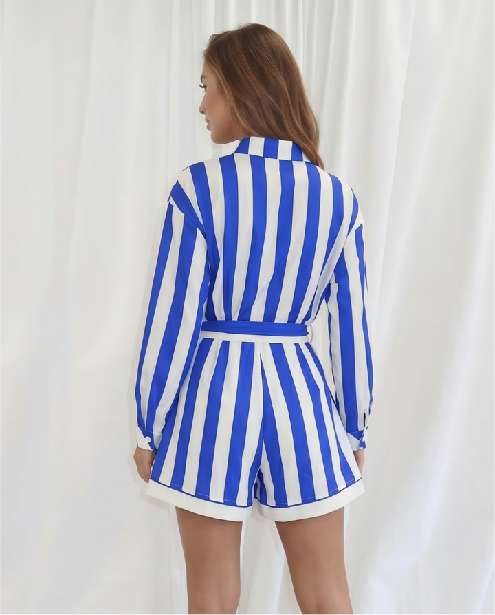 SOLACEBlue Stripe Collared Long Sleeve Belted Shirt Romper