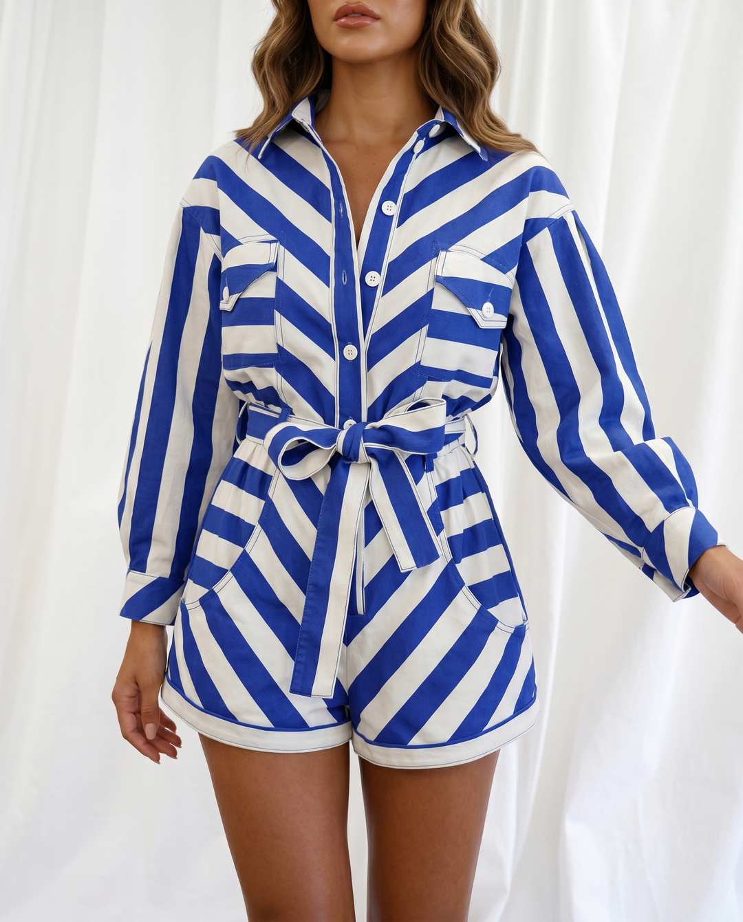 SOLACEBlue Stripe Collared Long Sleeve Belted Shirt Romper