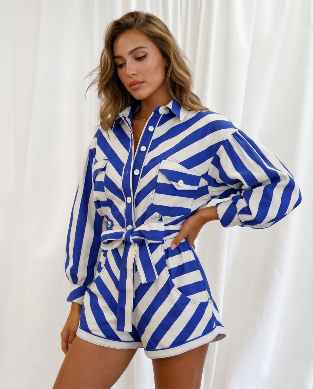 SOLACEBlue Stripe Collared Long Sleeve Belted Shirt Romper