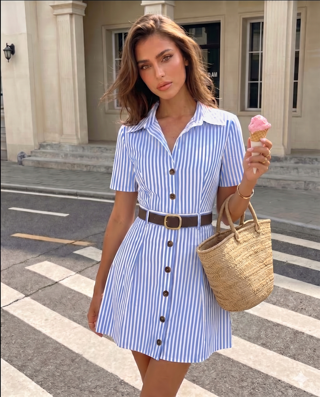SOLACEBlue Striped Shirt Dress with Belt