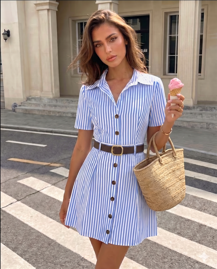 SOLACEBlue Striped Shirt Dress with Belt