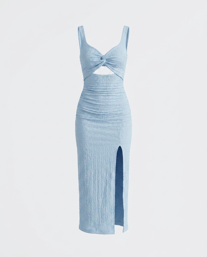 SOLACEBlue Textured  Sweetheart Neck Cutout Slit Midi Dress