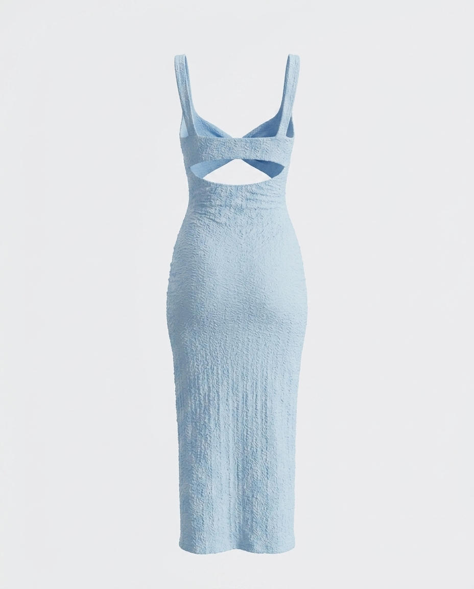 SOLACEBlue Textured  Sweetheart Neck Cutout Slit Midi Dress