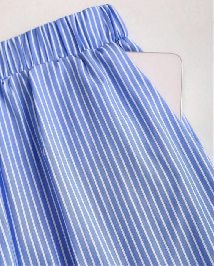 SOLACEBlue Tie Front Striped Top Wide Leg Pants Relaxed Set