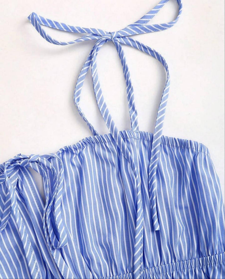 SOLACEBlue Tie Front Striped Top Wide Leg Pants Relaxed Set
