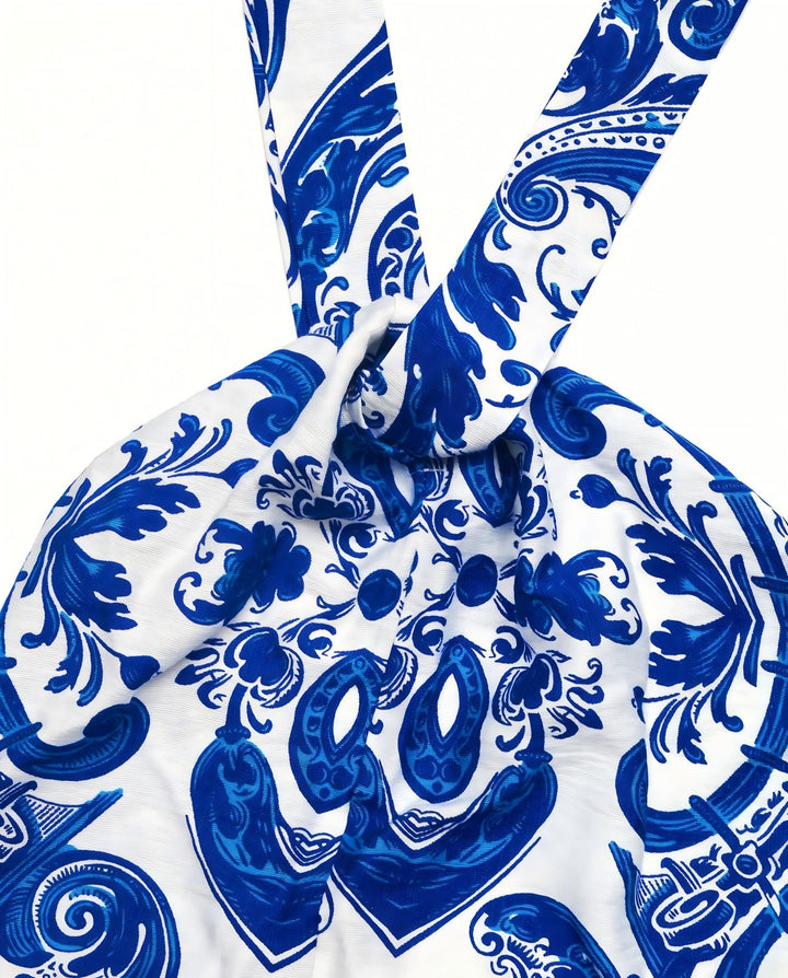 SOLACEBlue White Porcelain Print Twist Halter Neck Flowy Maxi Dress