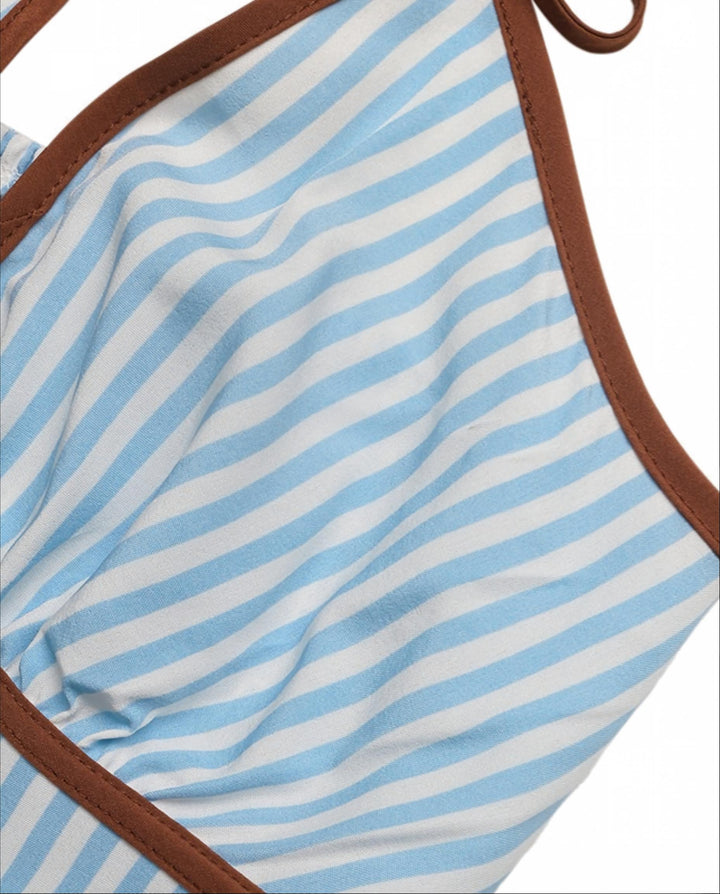 SOLACEBlue White Stripe Contrast Piping Deep V Strap Romper