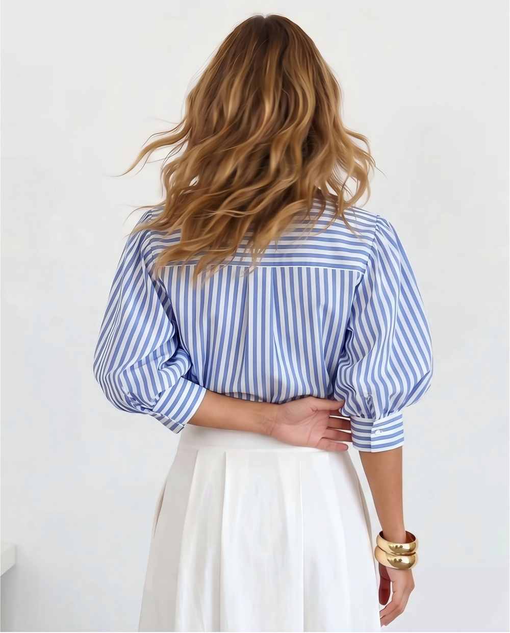 SOLACEBlue White Vertical Stripe Collared Puff Fitted Shirt