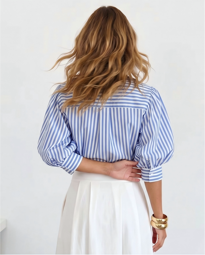 SOLACEBlue White Vertical Stripe Collared Puff Fitted Shirt
