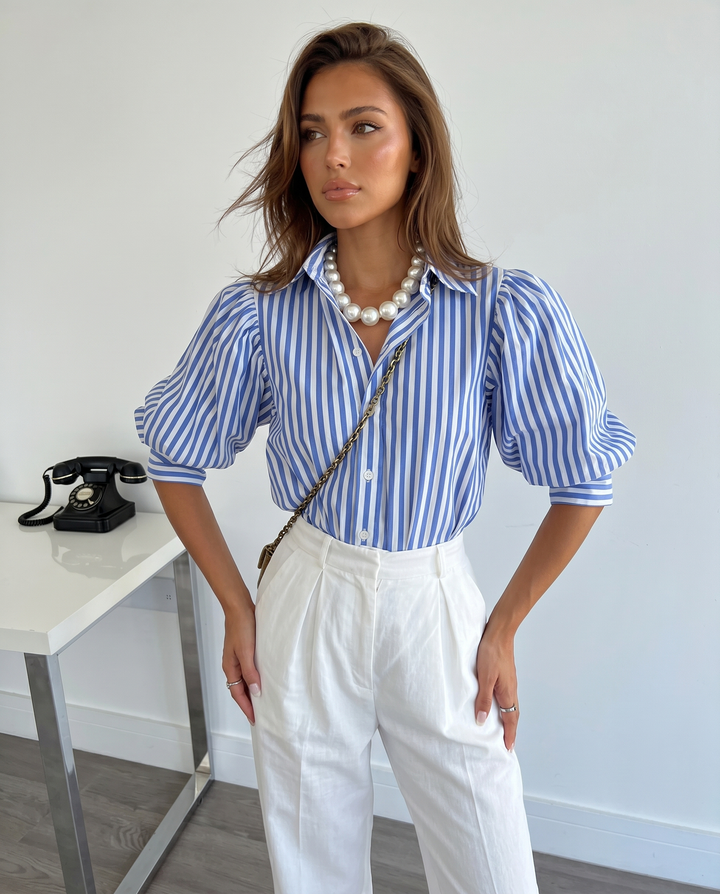 SOLACEBlue White Vertical Stripe Collared Puff Fitted Shirt
