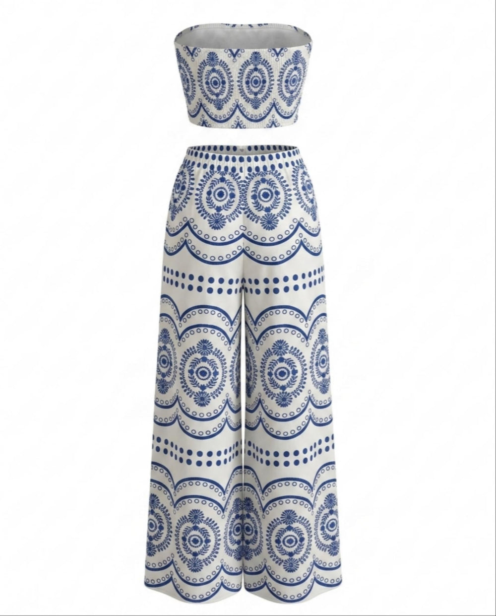 SOLACEBoho Print Smocked Tube Top High Waist Wide Leg Pants Set