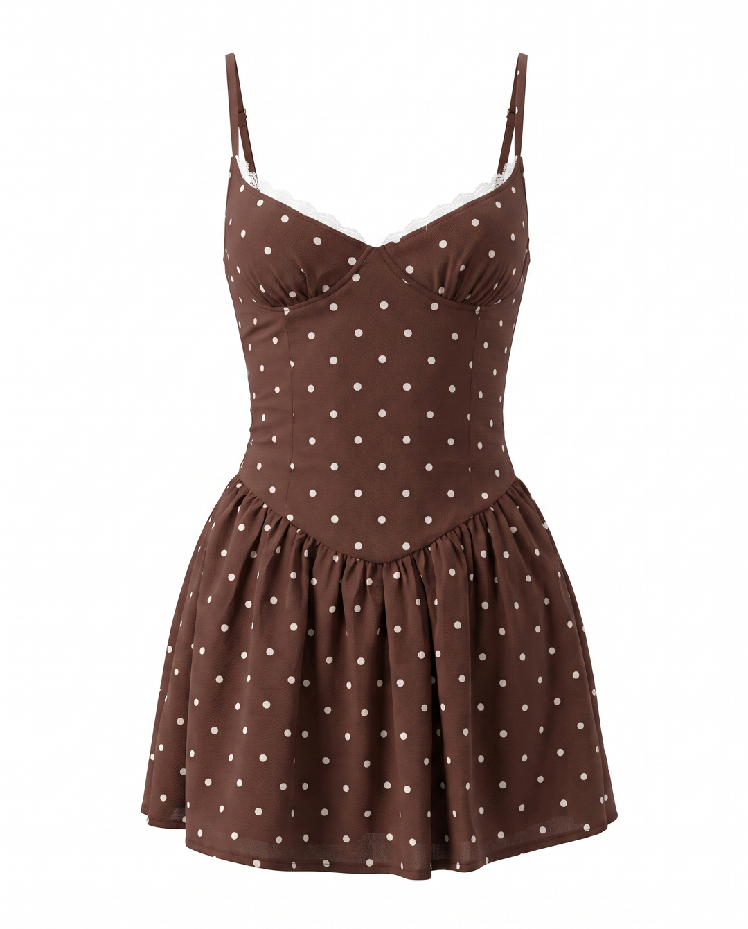 SOLACEBrown Polka Dot Lace Trim Corset Mini Dress