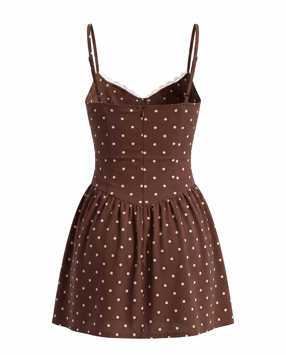 SOLACEBrown Polka Dot Lace Trim Corset Mini Dress