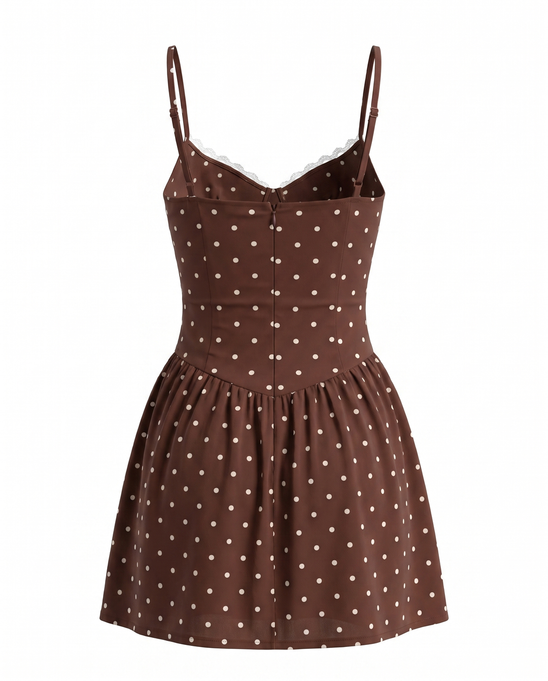 SOLACEBrown Polka Dot Lace Trim Corset Mini Dress