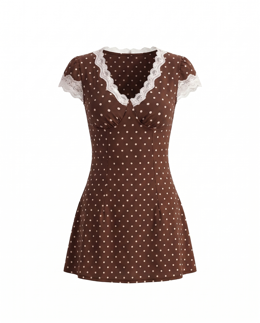 SOLACEBrown Polka Dot Lace Trim Short Sleeve Mini Dress