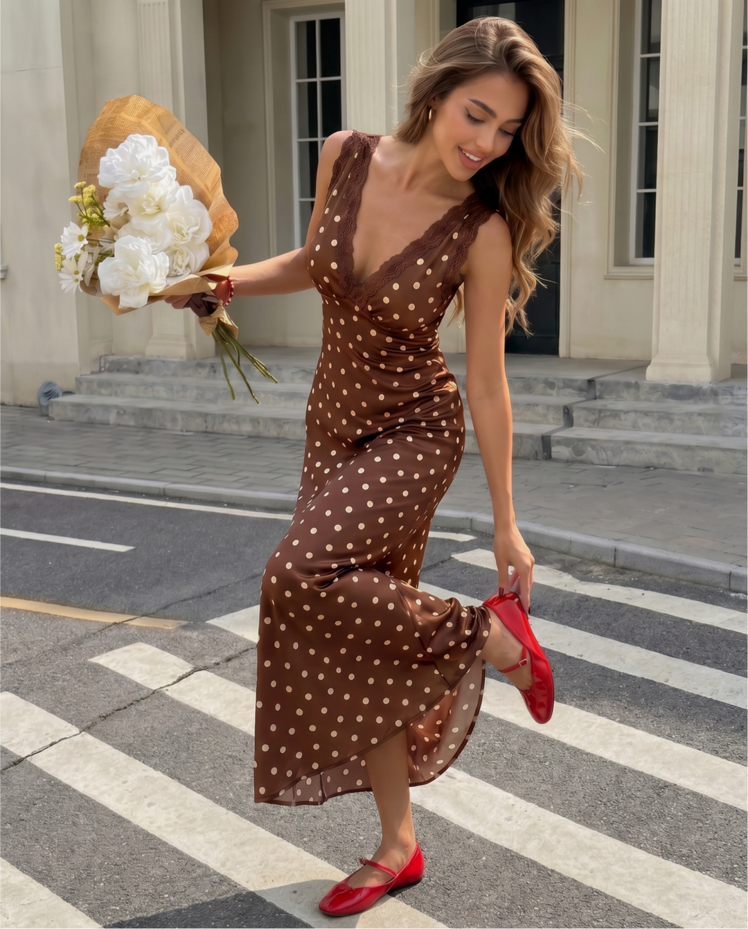 SOLACEBrown Polka Dot Lace Trim Sleeveless Midi Dress