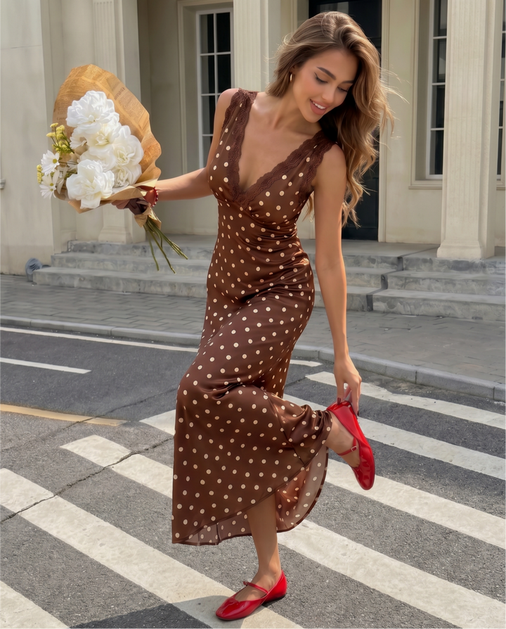 SOLACEBrown Polka Dot Lace Trim Sleeveless Midi Dress