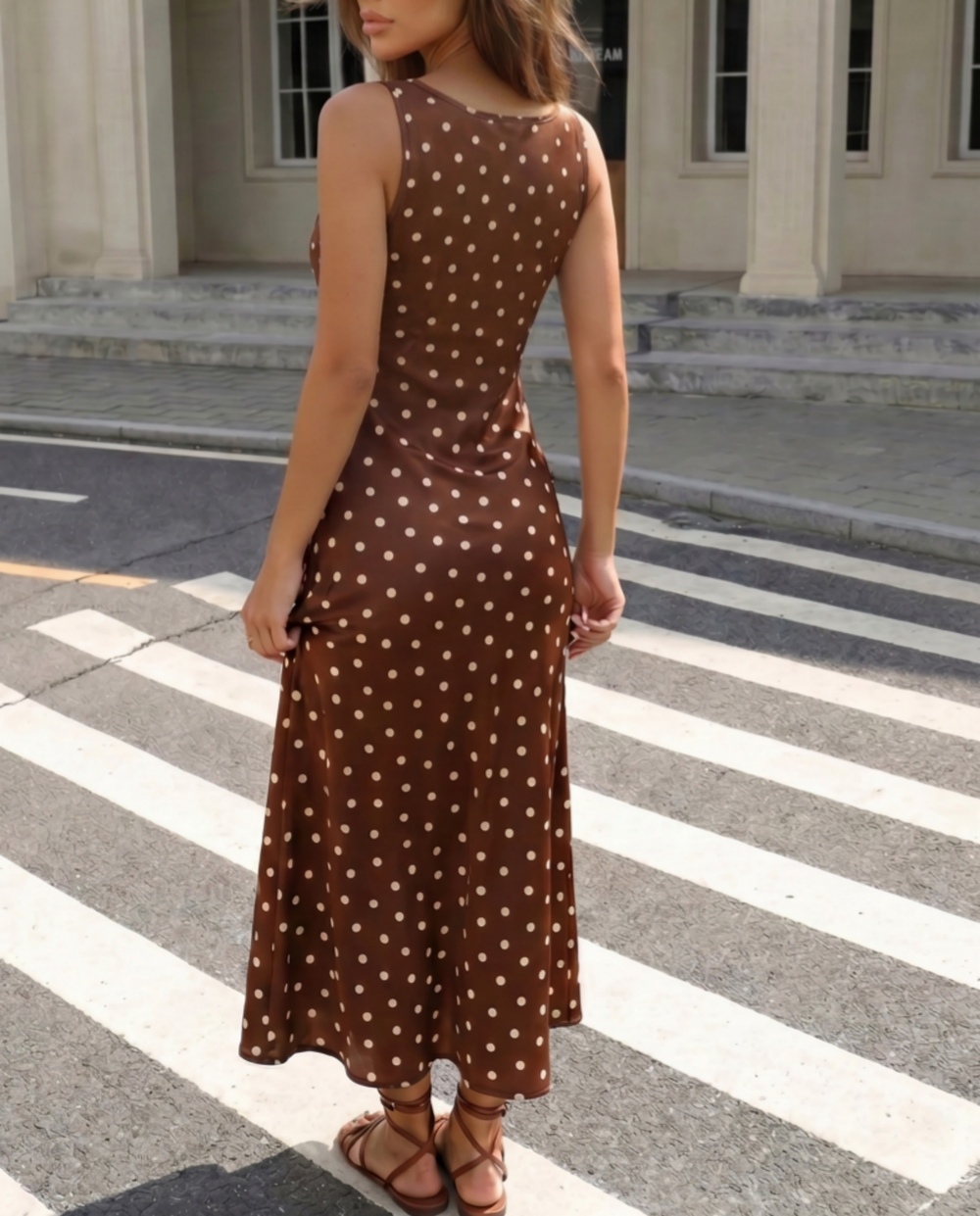 SOLACEBrown Polka Dot Lace Trim Sleeveless Midi Dress