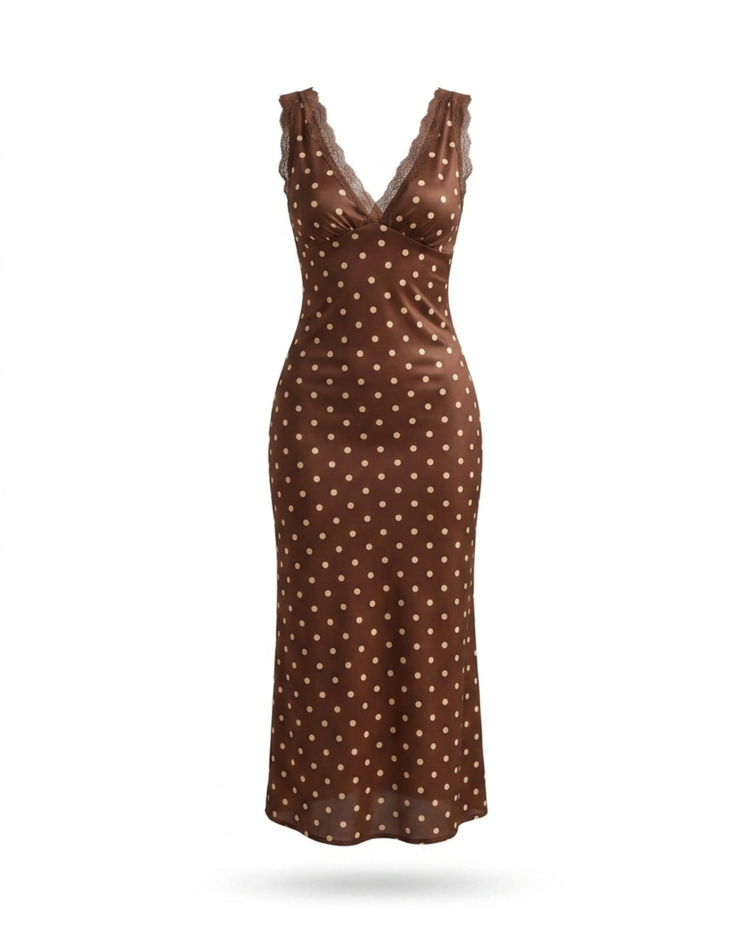 SOLACEBrown Polka Dot Lace Trim Sleeveless Midi Dress