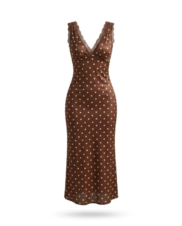 SOLACEBrown Polka Dot Lace Trim Sleeveless Midi Dress