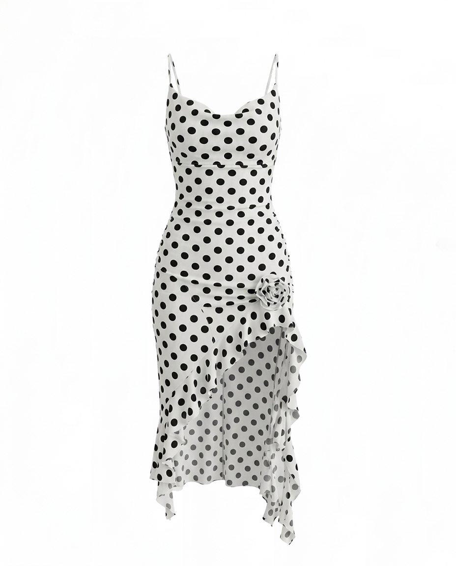 SOLACEBrown Polka Dot Ruched Ruffle Hem Midi Dress