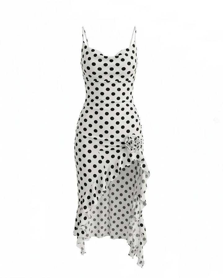SOLACEBrown Polka Dot Ruched Ruffle Hem Midi Dress