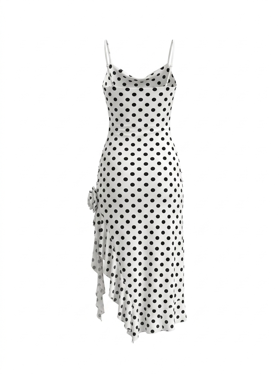 SOLACEBrown Polka Dot Ruched Ruffle Hem Midi Dress
