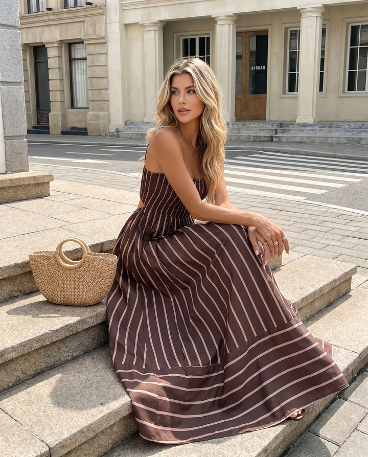 SOLACEBrown Striped Spaghetti Strap Maxi Dress