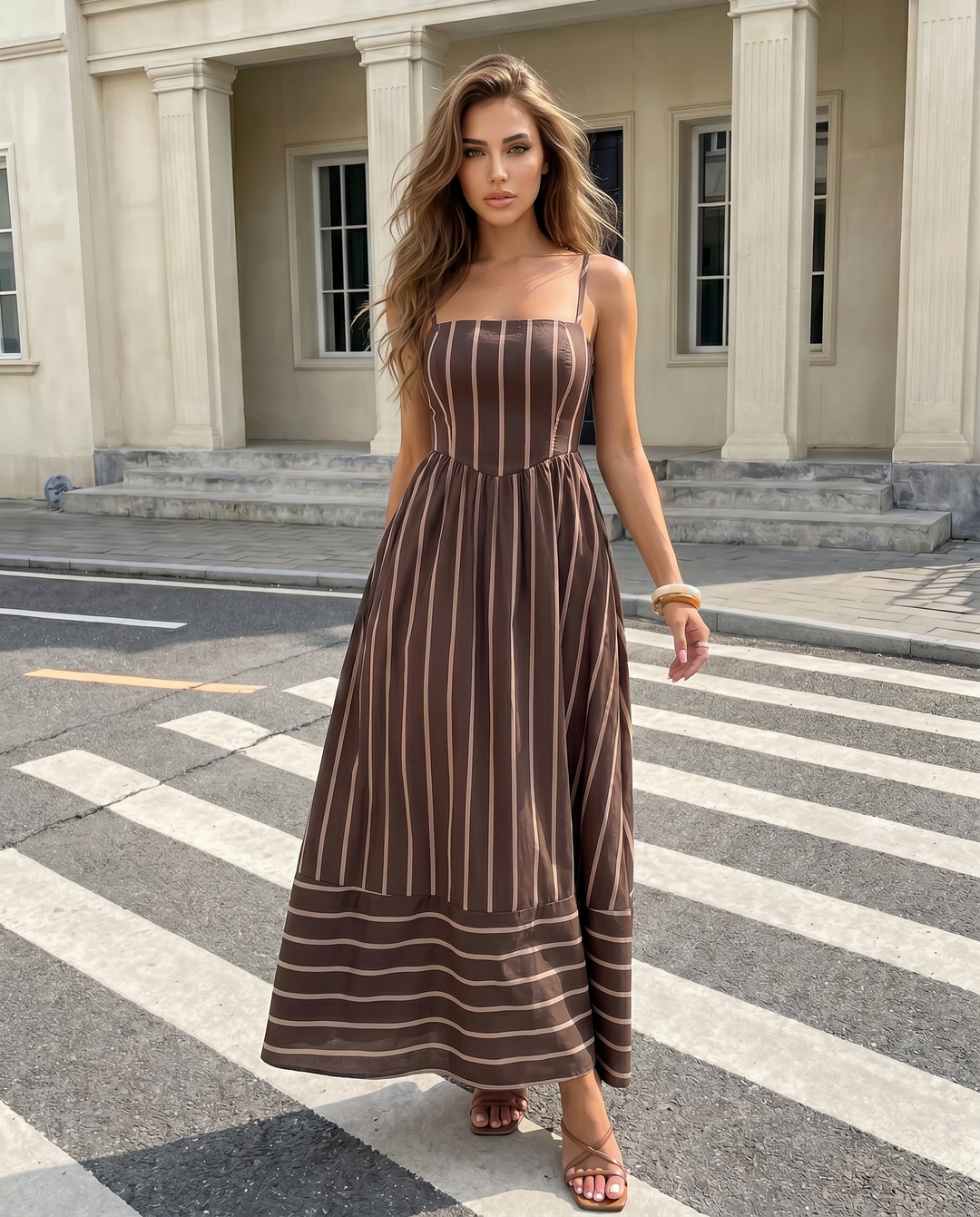 SOLACEBrown Striped Spaghetti Strap Maxi Dress