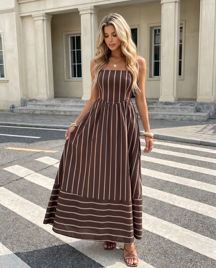 SOLACEBrown Striped Spaghetti Strap Maxi Dress