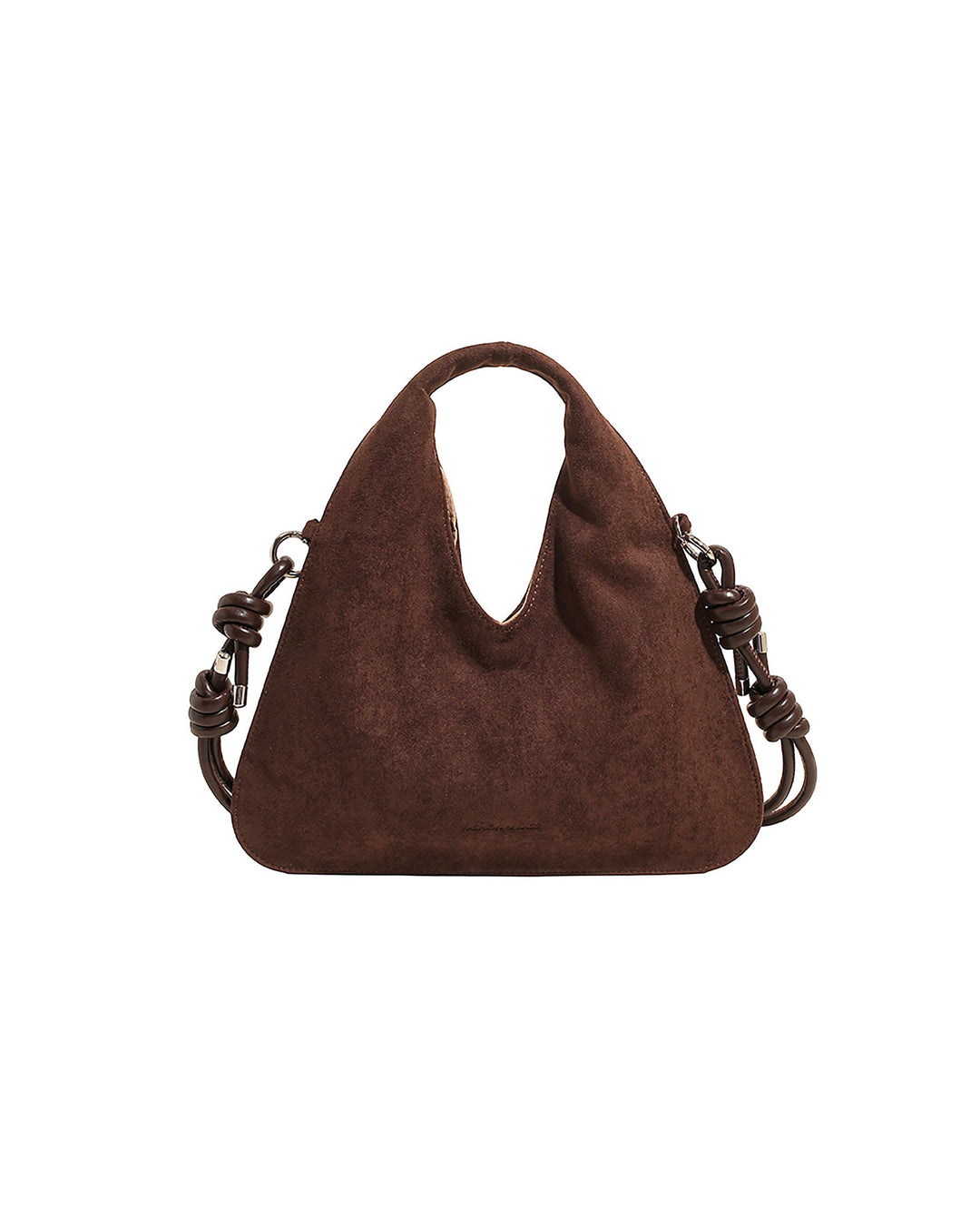 SOLACEBrown Suede Faux Leather V Cut Knotted Rope Strap Triangular Hobo Shoulder Tote Bag